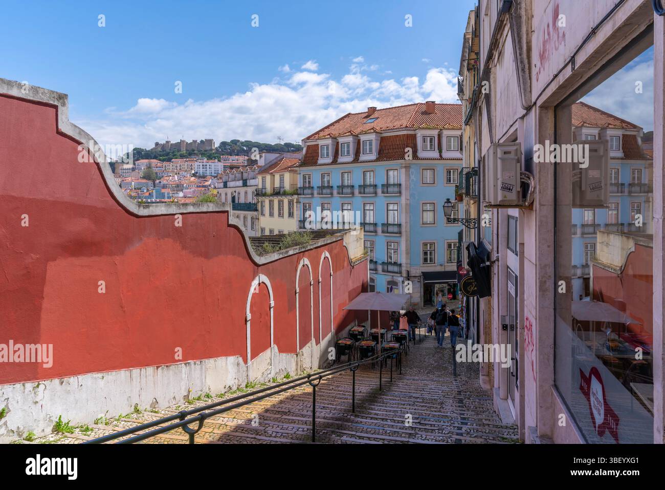 View of cafe and steps in Lisbon city centre, Lisbon, Portugal, Europe Stock Photo