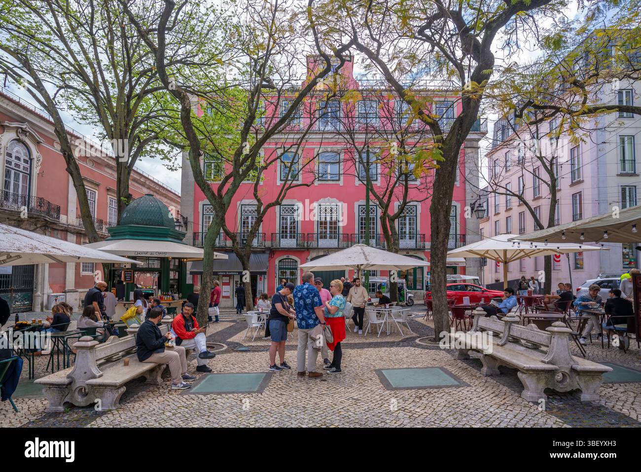 View of cafes and restaurants in Largo do Carmo in city centre, Lisbon, Portugal, Europe Stock Photo