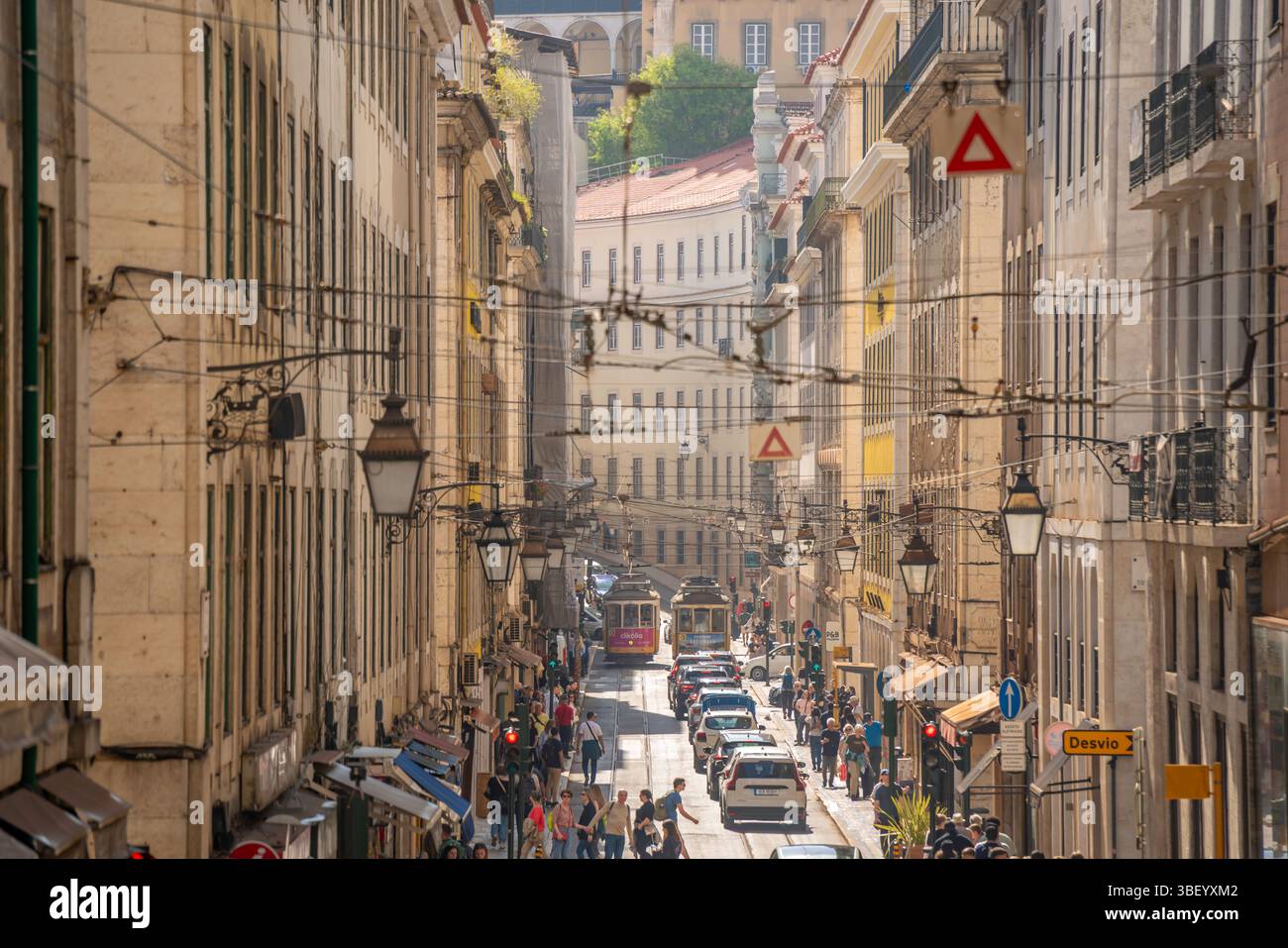 View of vintage trams in Alfama, Alfama District, Lisbon, Portugal, Europe Stock Photo
