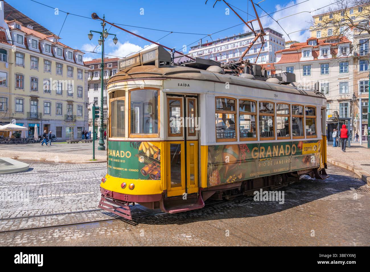View of a vintage tram in PC Duque da Terceira on a sunny day, Lisbon, Portugal, Europe Stock Photo