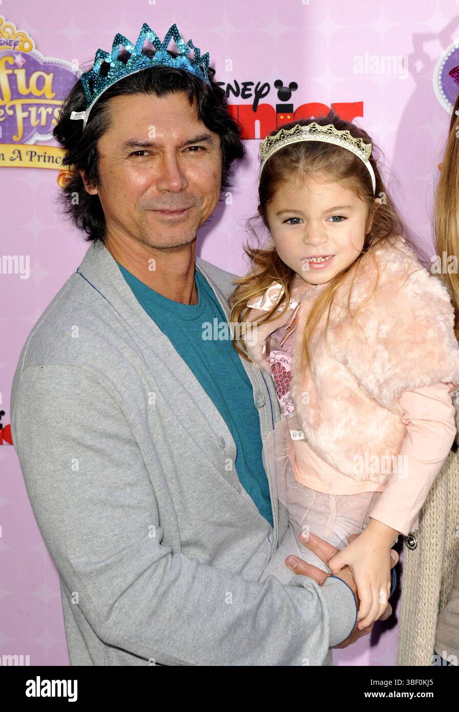 Lou Diamond Phillips with his daughter Indigo Sanara Phillips at the premiere of 'Sofia The First: Once Upon a Princess' at Walt Disney Studios in Burbank, California - 10 November 2012 Stock Photo