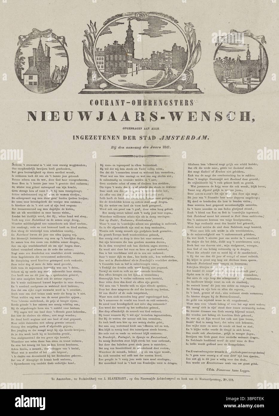 Amsterdam, Blankhart, J., Amsterdam, Courant-imbringers Nieuwjaars-Wensch 1847, New Year's Wish of Amsterdam's Newspapers for the year 1847, verso - stamped, New Year's Wish of Amsterdam on behalf of newspaper deliveryers in Amsterdam for the year 1847. At the top of three medallions with a central face on the Singel near the Munt with a newspaper deliverer on the quay, on the left the Schreierstoren, on the right the Leidsepoort. At the bottom of a poem in four columns. From the current administrator: Anna Loggen., print, new year's wish, prints, Frederik Muller Historyplaten, height 535 mm, Stock Photo