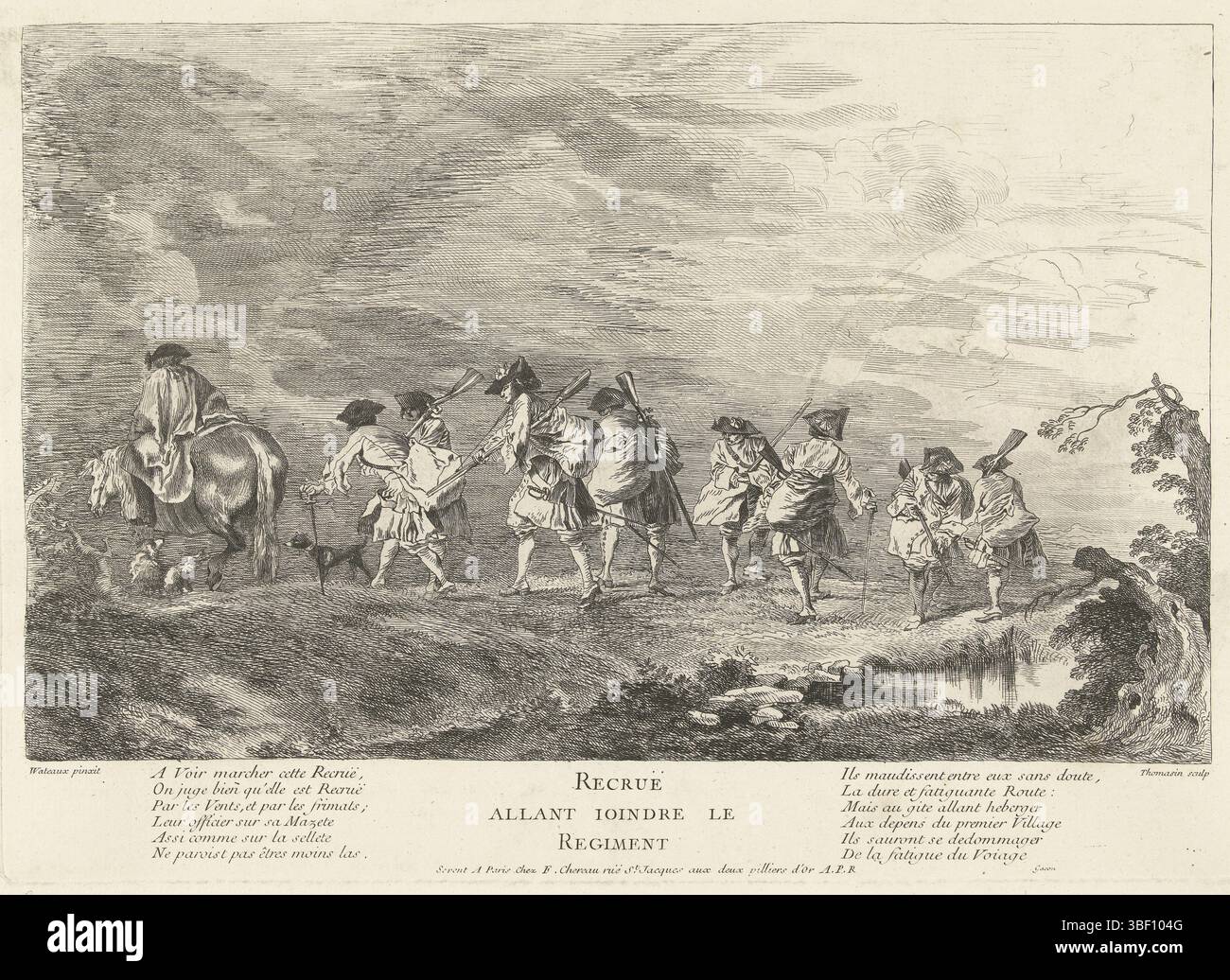 Paris, Chéreau, François (I), Watteau, Jean Antoine, Thomassin, Simon Henri, Recrue allant joindre le regiment, The recruits join the regiment, Paris, Six soldiers with guns and swords follow a man on horseback., print, height 248 mm, width 350 mm, French, 1687-02-25 - 1741-01-01, printmaker, 1697 - 1729, fourth quarter 17th century, first quarter 18th century, second quarter 18th century, paper, etching, 1684-10 - 1721-07-18, after, painting from, Publication, 1680-03-20 - 1729-04-15, publisher Stock Photo