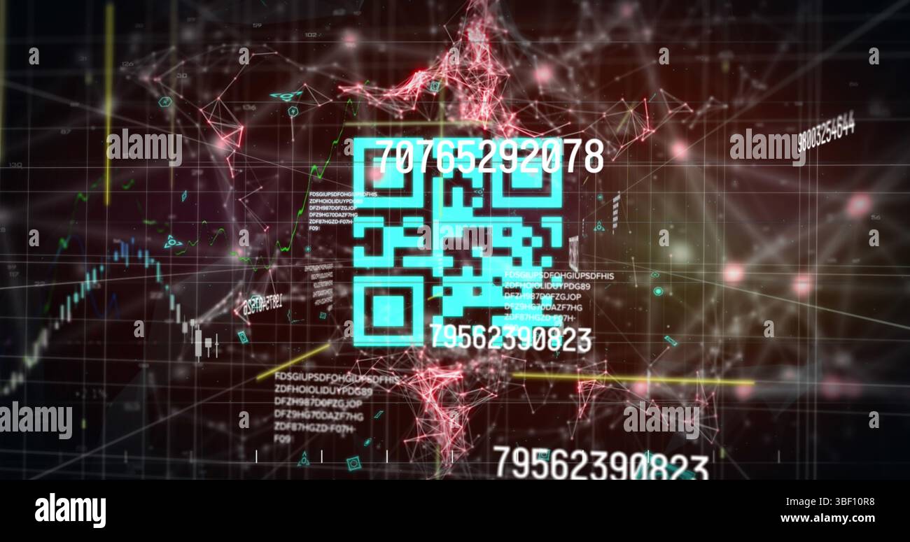 Image of qr code over numbers, graph, data and brown background Stock Photo