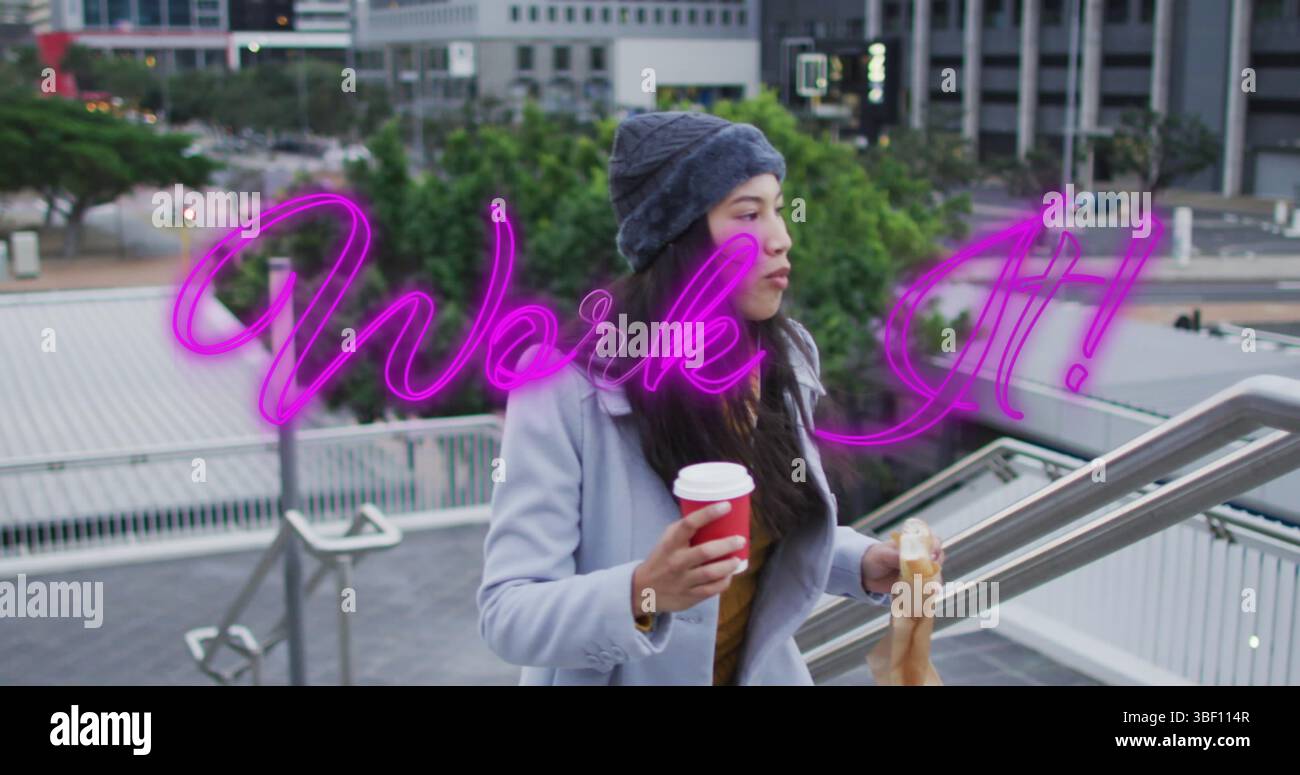 Image of work it text over asian woman with takeaway coffee Stock Photo