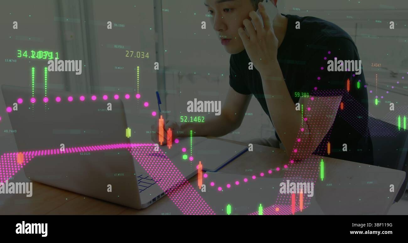 Image of financial data processing over businessmen using smartphone Stock Photo