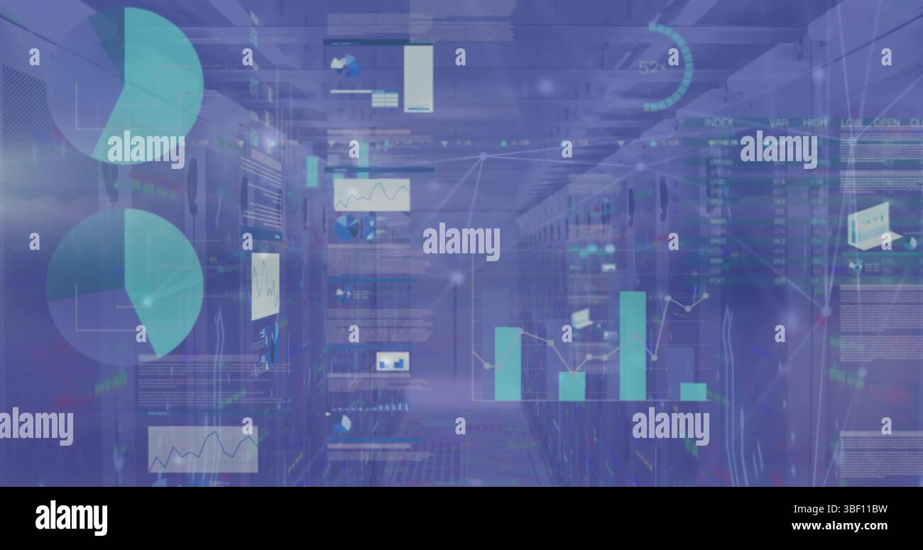 Image of graphs and data over servers Stock Photo