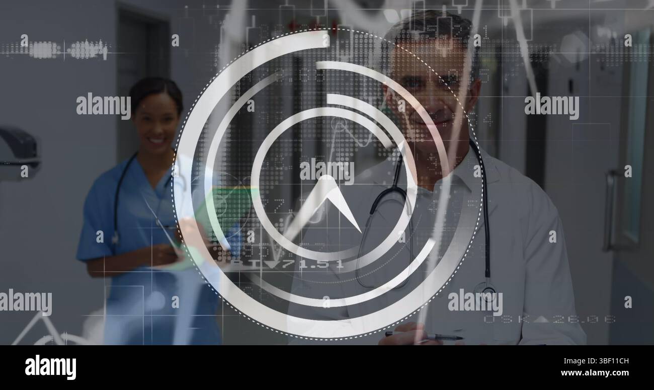 Image of data processing and moving clock over diverse doctors Stock Photo