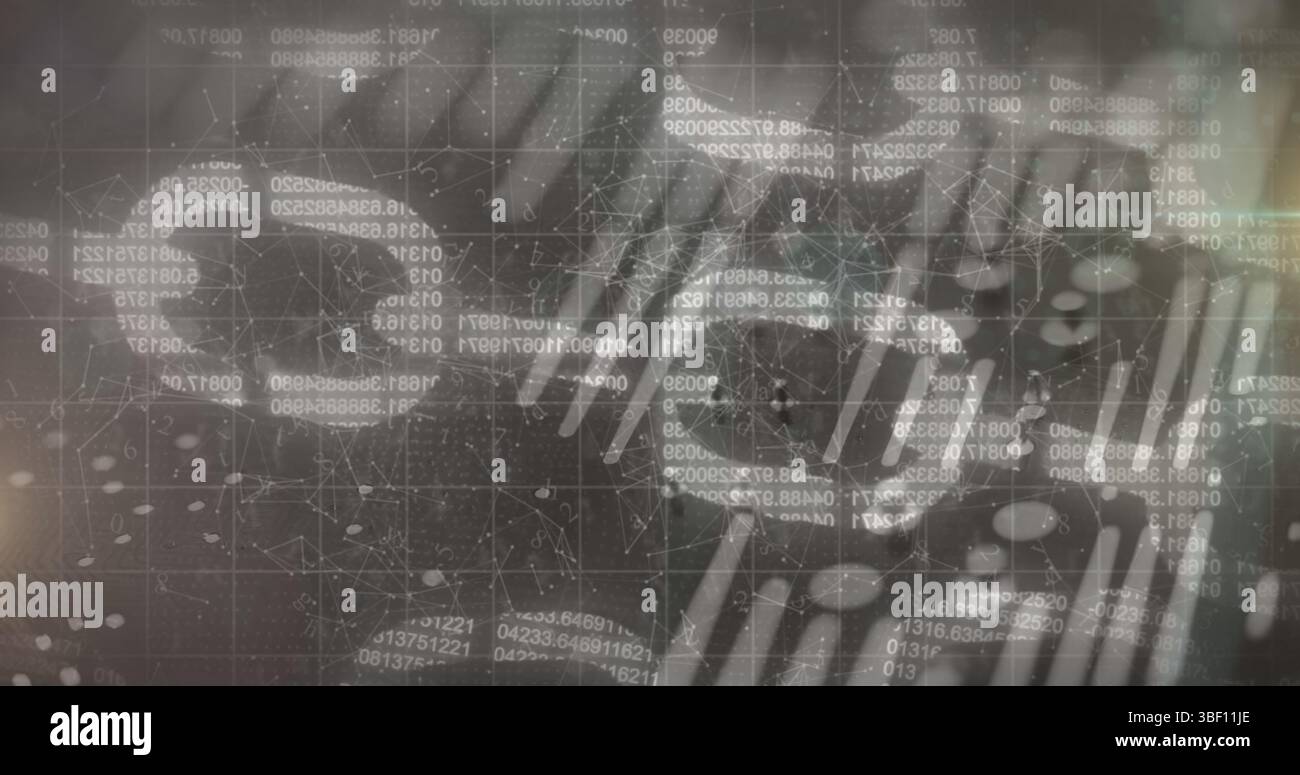 Image of block chains with data processing over grid Stock Photo