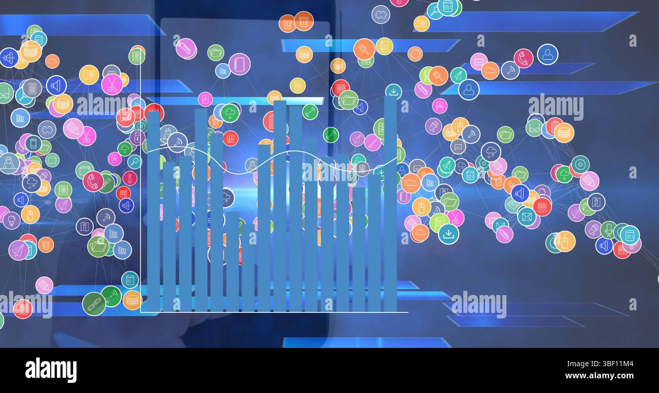 Image of network of digital icons and statistical data processing over smartphone with qr code Stock Photo