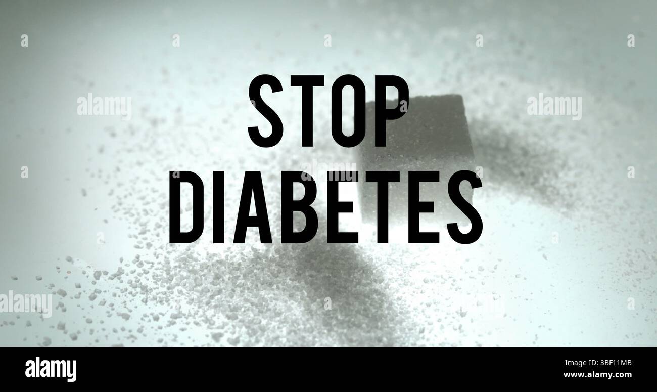 Image of stop diabetes text over cube of sugar Stock Photo