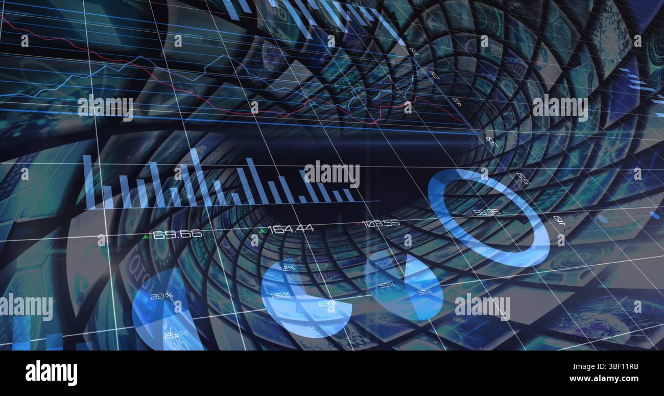 Image of statistical data processing over multiple curved screens against blue background Stock Photo