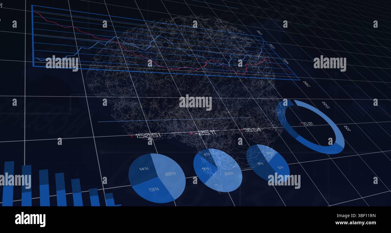 Image of statistical data processing over spinning human brain against blue background Stock Photo