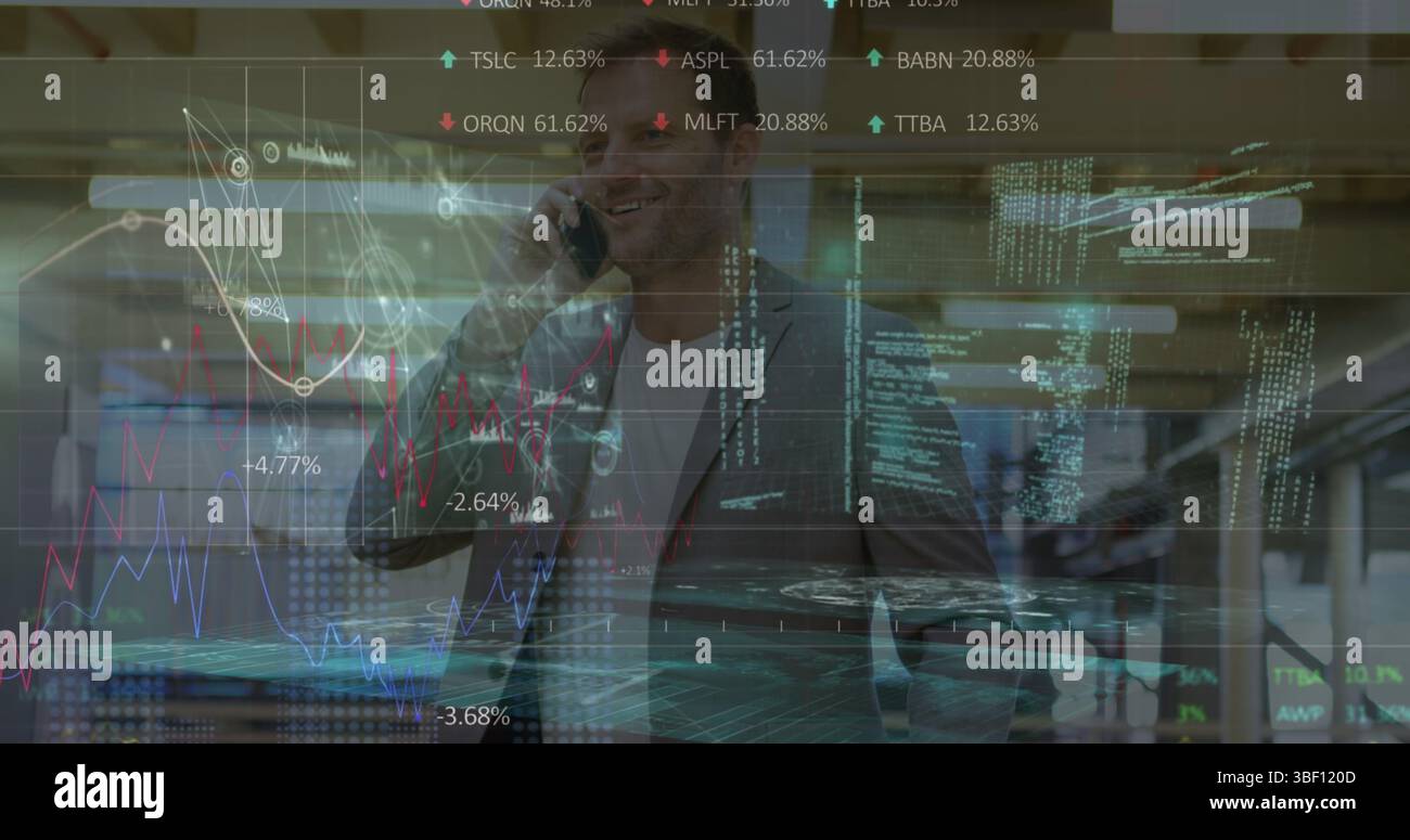 Image of financial data processing over businessmen using smartphone Stock Photo
