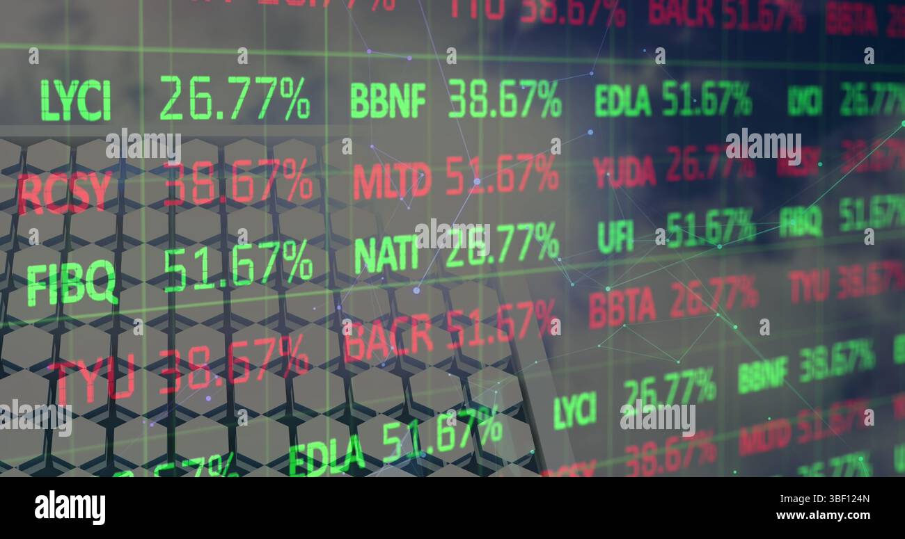 Image of statistics and financial data processing over binary coding data processing Stock Photo