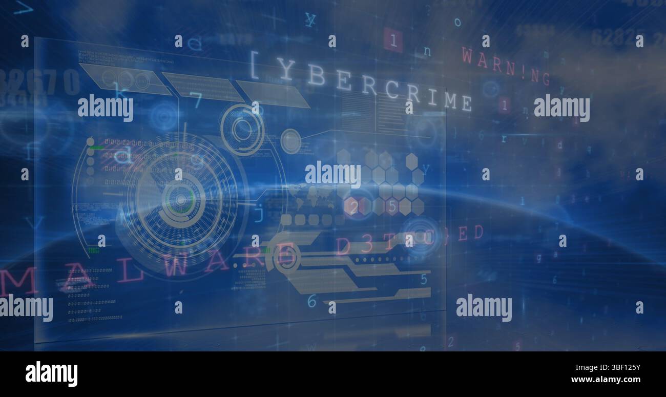 Image of diverse data and processing circles on digital screens and blue background Stock Photo