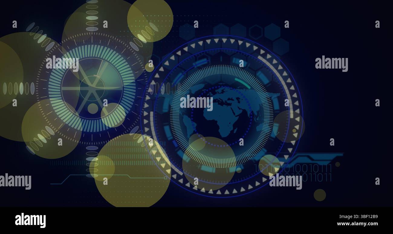Image of dots blinking over globe and processing circle on black background Stock Photo