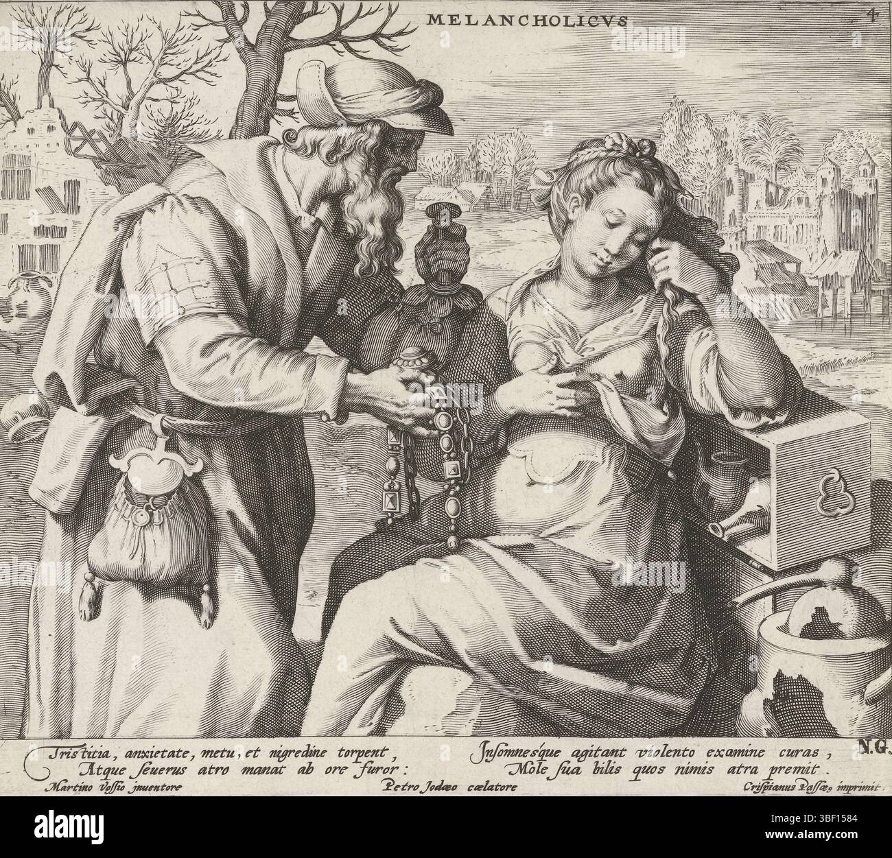 Passe, Crispijn van de, Vos, Maerten de, Antwerpen, Jode, Pieter de (I), The four temperaments, Melancholicvs, The melancholic temperament, Antwerp, recto bottom right - stamped, Landscape with a young woman, with her eyes knocked down, leaning on a box. An old man offers her jewelry and a stick fair full of money. In the margin, in two columns, a caption in Latin. Fourth print from a series of four with the four temperaments., print, verso left bottom - stamped, height 193 mm, width 218 mm, South-Dutch, 1570 - 1634-08-09, printmaker, 1590 - 1632, paper, engraving, engraving (printing process) Stock Photo