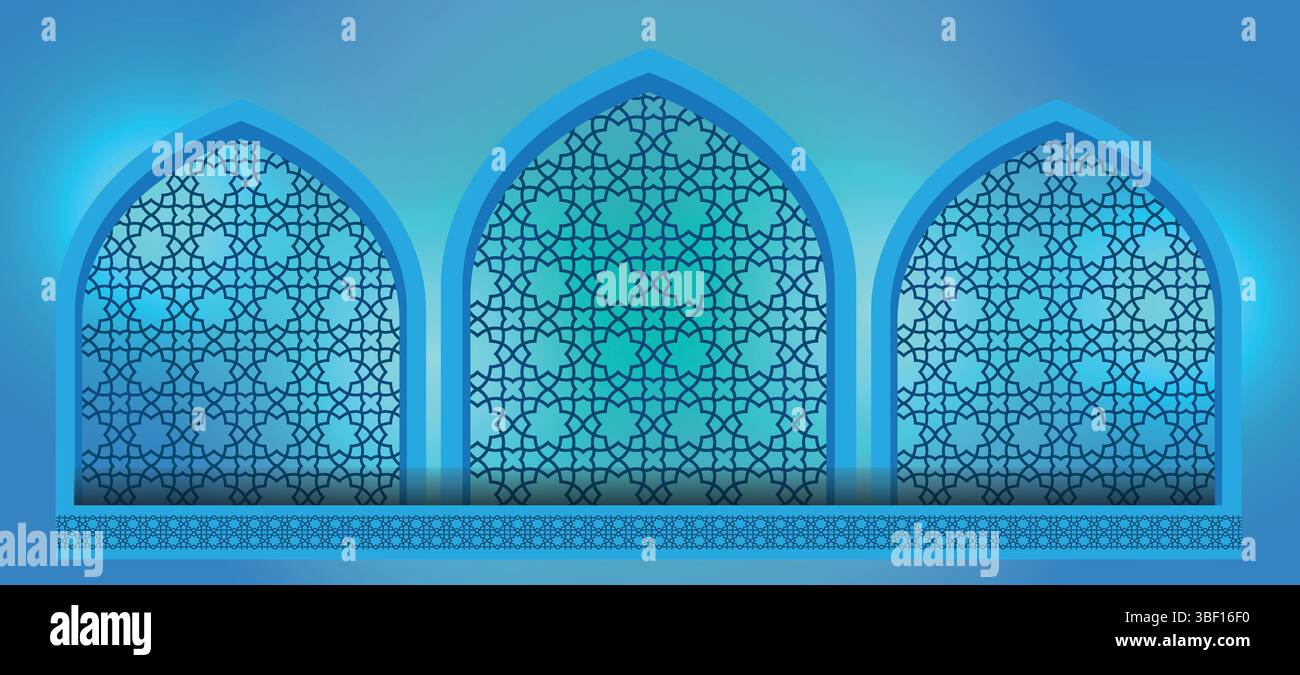 Islamic Arch Window Pattern – Arabic Geometric Blue Background Vector Stock Vector
