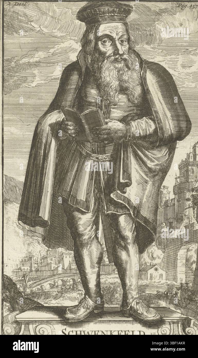 Hooghe, Romeyn de, Netherlands, Hooghe, History of the Churches and ketter until the year ons Heeren 1688, Schwenkfeld, Portrait of Kaspar Schwenkfeld, Portrait of Kaspar Schwenkfeld from a series of portraits in History of the Churches and ketting from the beginning of the Nieuwen Testaments to the year ons Heeren 1688 by Godfried Arnold (1701)., print, book illustration, prints, height 263 mm, width 158 mm, Noord-Nederlands, 1645-09-10 - 1708-06-15, printmaker, 1701 - 1701, first quarter 18th century, paper, etching, engraving (printing process), Work conception, Northern Netherlands, accord Stock Photo