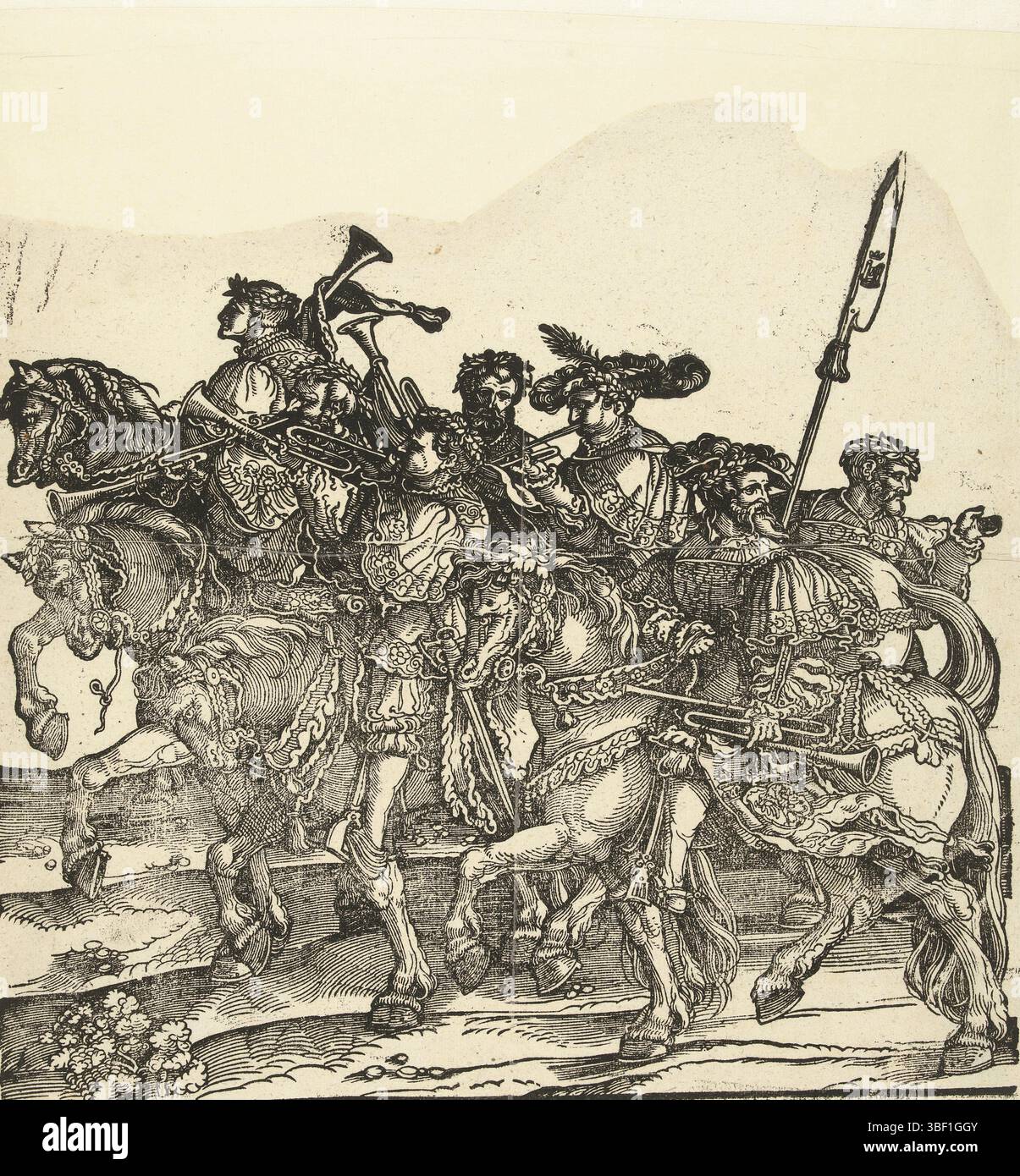 Germany, Schäufelein, Hans, Triomfwagen van Karel V, 1537, Musicians and riders, Germany, verso - stamped, Group of seven musicians on horseback. Second album in the triumphal journey of Emperor Charles V, 1537., print, Frederik Muller Historical records, foreign history, height 328 mm, width 308 mm, German, 1480 - 1540-09-13, printmaker, 1537 - 1537, second quarter 16th century, paper, woodcut Stock Photo