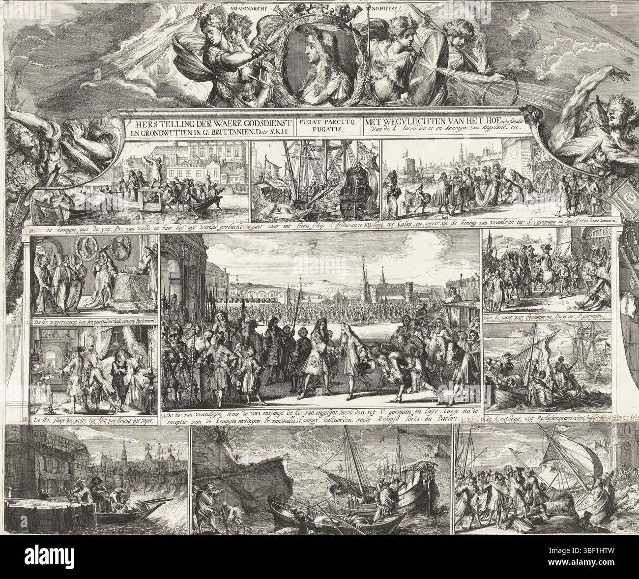 unknown, Tangena, Johannes (17th century), Northern Netherlands, Hooghe, Romeyn de, Restoration of true religion and constitutions in G. Brittan by S.K.H., Running away from the court and the family of the k. Iacob the II and Queen of England. etc., Flight of James II, 1688-1689, unknown, The flight of Queen Mary of Modena with Prince of Wales and Catholic King James II in December 1688 and January 1689 in 11 performances. At the top of a portrait in profile to the left of Willem III with the slogan: No Monarchy No Popery. Centrally a great performance in which James II is received by the Fren Stock Photo