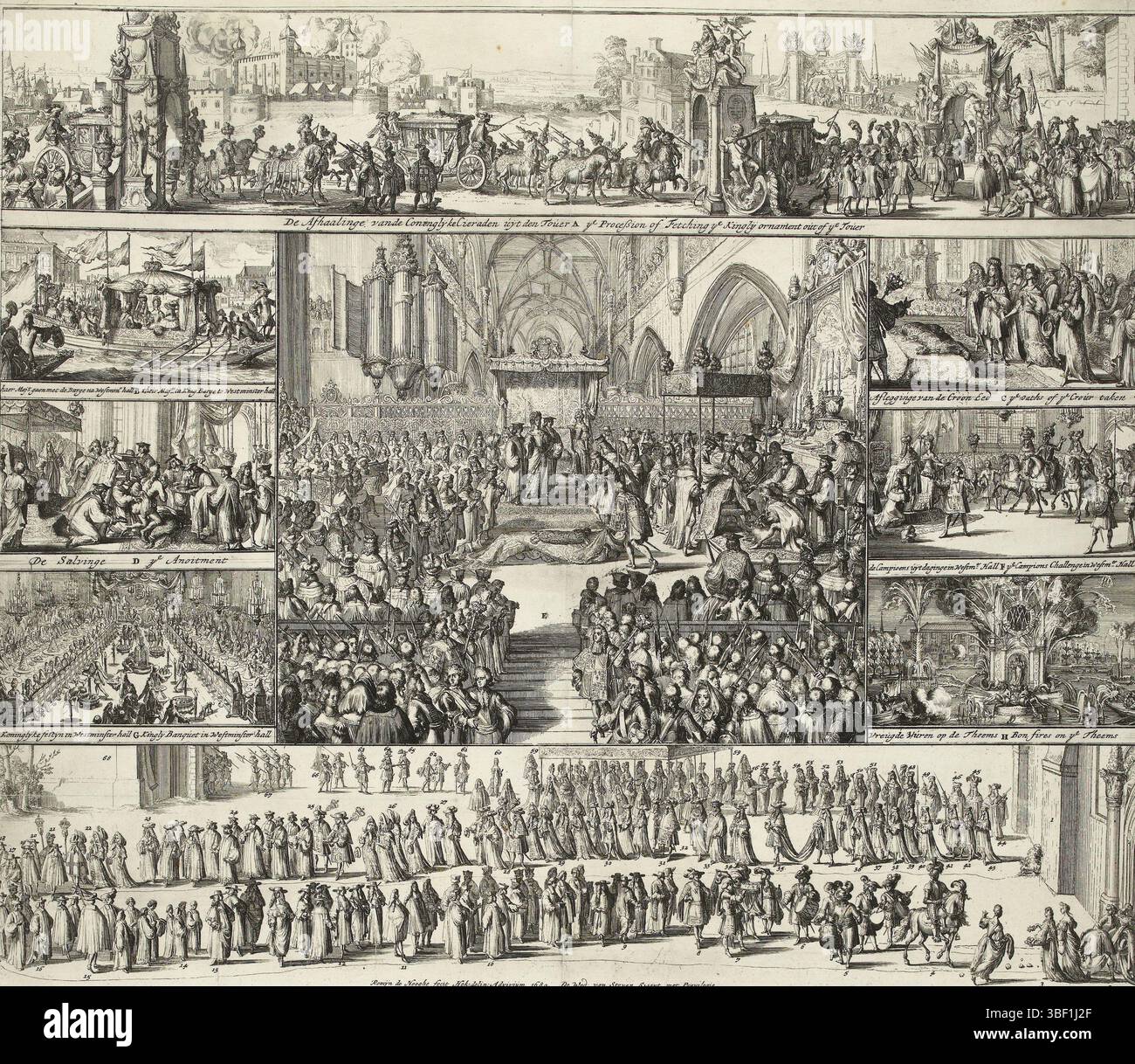 unknown, Swart, widow Steven, Hekhuisen, Northern Netherlands, Hooghe, Romeyn de, Alle the particular Ceremonies, observed in and about the Coronation of William the III. and Mary the II. King and Queen Of Great Brittaine, France and Yrland, On the11 of Aprill, 1689, All the bysondere and private Ceremony, done in and about the Crowning of William the III. and Mary the II. King and Queen of Great Brittan, Vrankrijk and Yrlandt, On April 11, 1689. Old style., Procedures and ceremonies around the coronation of Willem and Mary as king and queen of England, unknown, Overview in one large and eight Stock Photo