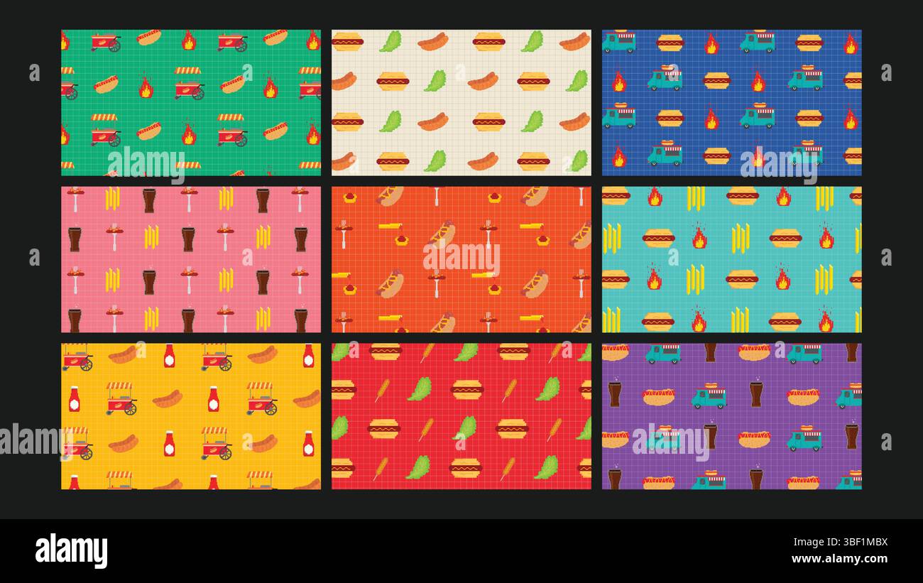 Pixel Food Hot Dog Design Background Set Stock Vector