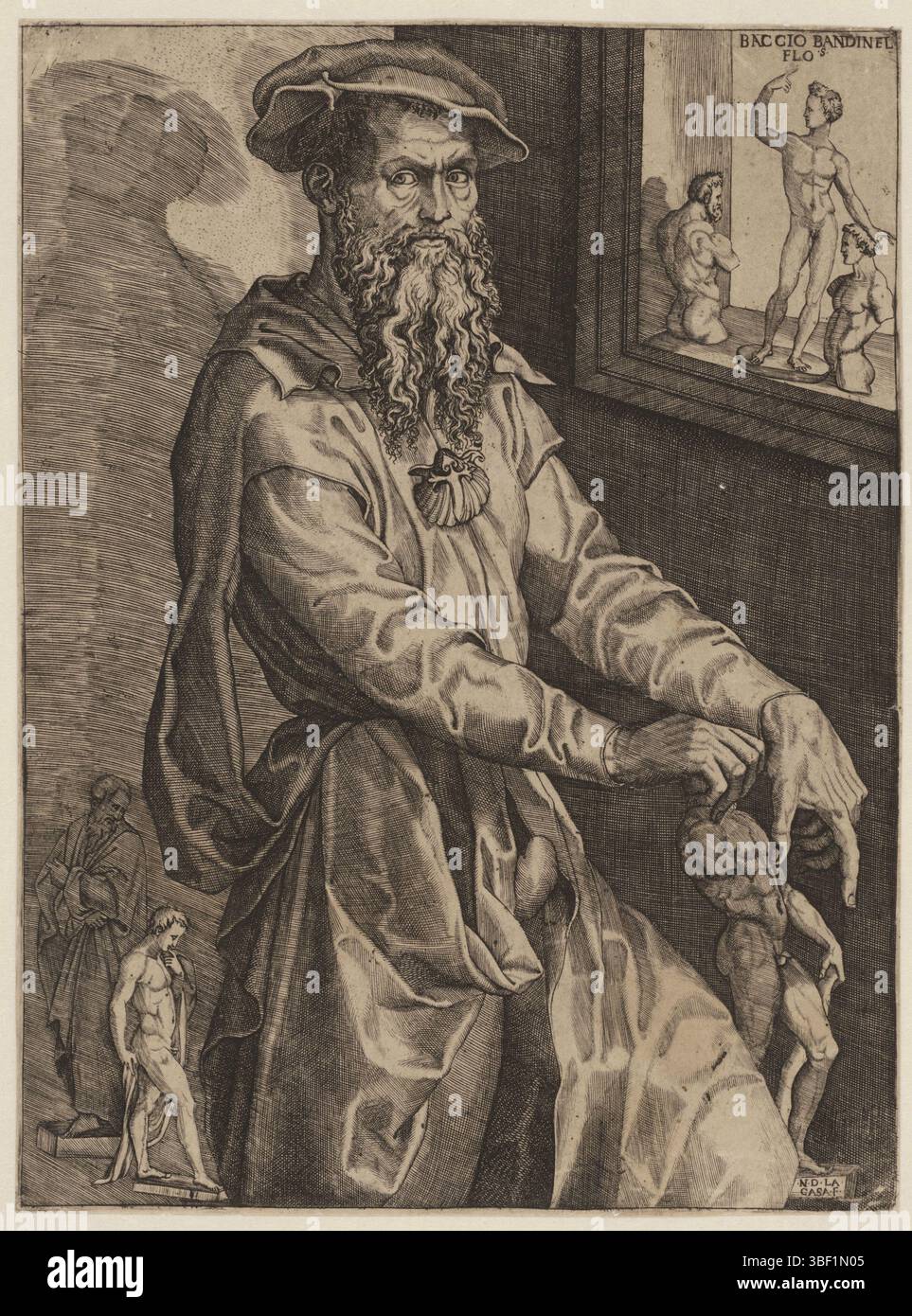 Florence, Bandinelli, Baccio, Italy, Casa, Nicolò della, Portrait of sculptor Baccio Bandinelli, verso - stamped, print, height 294 mm, width 217 mm, printmaker, 1538 - 1552, paper, engraving, printing process, Work concept, 1493 - 1560-02-07 Stock Photo