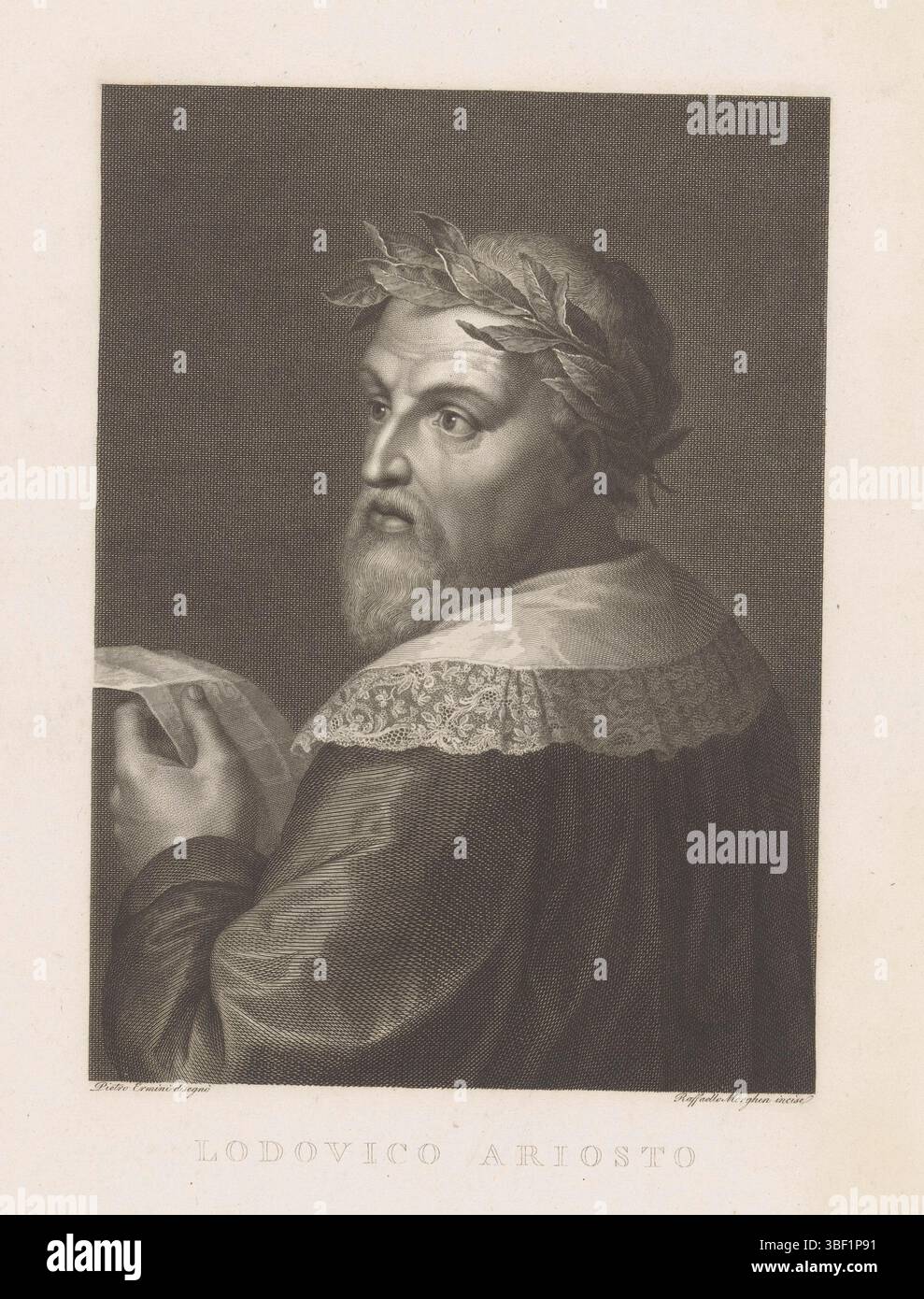 Florence, Ermini, Pietro, Italy, Morghen, Raphael, Portrait of poet Ludovico Ariosto, verso - stamped, print, height 330 mm, width 230 mm, Italian, 1758-06-19 - 1833-04-08, printmaker, 1768 - 1833, paper, engraving, printing process, etching, intermediate draughtsman Stock Photo