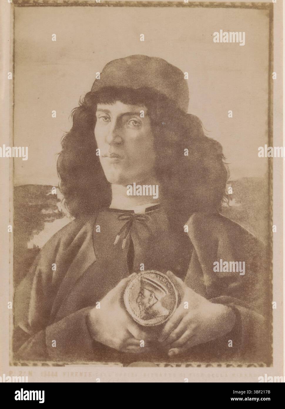 Alinari, Fratelli, Firenze- Gal. Uffizi ritratto di Pico della Mirandola [(...], Photoreproduction of a painting, representing a portrait of Giovanni Pico della Mirandola, recto - printed, photograph, photo, reproduction, page, photos, photographic illustrated books, Pi 2a no. 13444, height 140 mm, width 98 mm, Italian, photographer, 1878 - 1888, photographic paper, photo paper, album print, albumin printing Stock Photo
