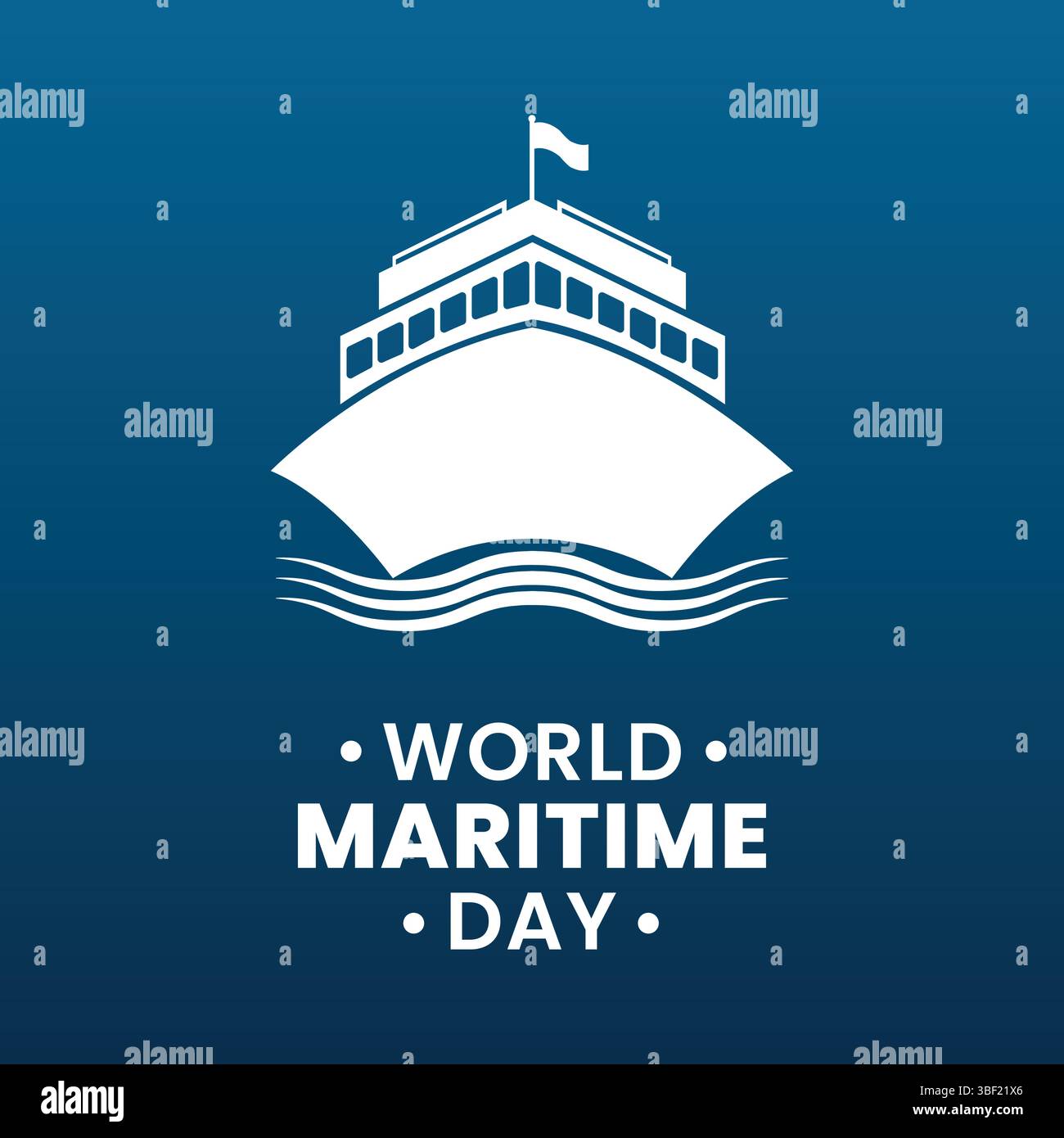 White ship graphic floats above stylized waves against a gradient blue backdrop, creating a clean, nautical design ideal for transportation and travel Stock Vector