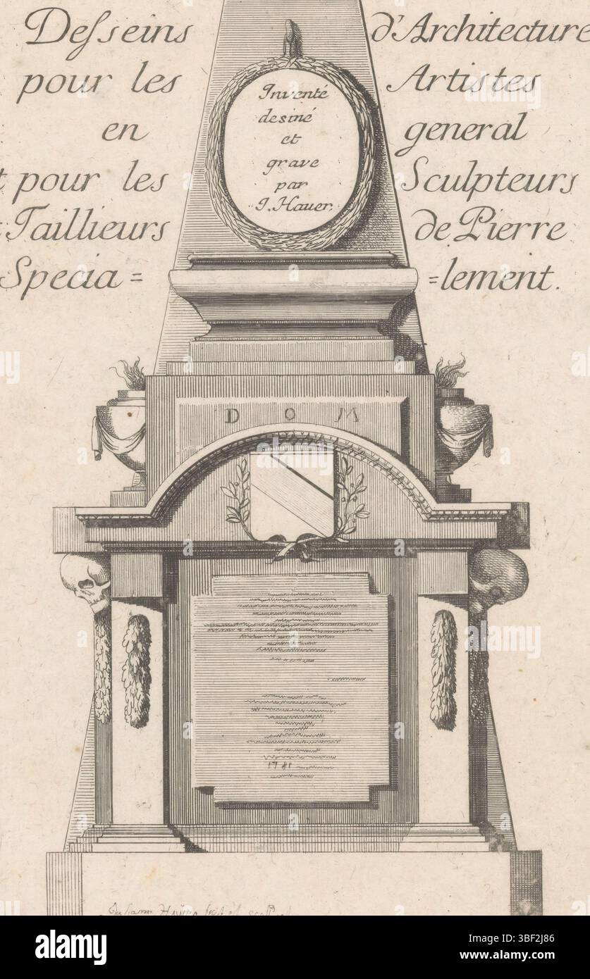 Paris, Hauer, Johann Thomas, Desseins de la Mode neuve au Gout antique, II Cahier des Epitaphes, Epitaph with medallion, Paris, verso - stamped, Design for an epitaph with skulls, vases and oval medallion with laurel wreath. Above a six-line French text., print, ornament prints, prints, height 196 mm, width 144 mm, Hungarian, 1748 - 1820, printmaker, 1781 - 1781, paper, etching, engraving, engraving (printing process) Stock Photo