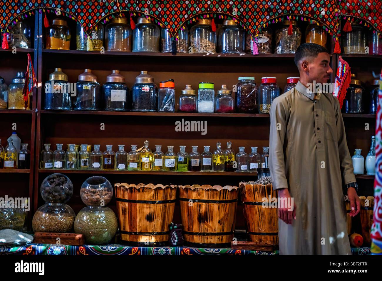 Cairo, Egypt - September 11, 2023: Spice shop with jars full of ...