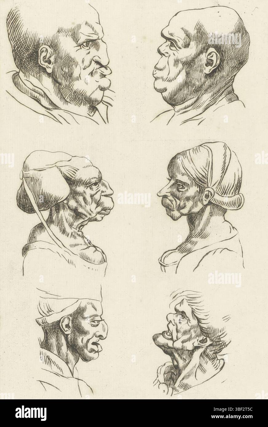 Leonardo da Vinci, Six grotesque faces in profile, verso - stamped, print, height 294 mm, width 231 mm, print maker, 1800 - 1900, paper, etching, Work conception, Italian, 1452-04-15-1515-05-02, inspirator Stock Photo