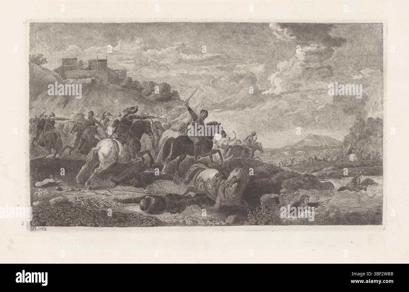 Baillie, William, Cavalry in battle, The print is part of an album., print, albumsheet, prints, height 217 mm, width 366 mm, Irish, 1723-06-05 - 1810-12-22, printmaker, 1762 - 1762, paper, etching, dry needle Stock Photo
