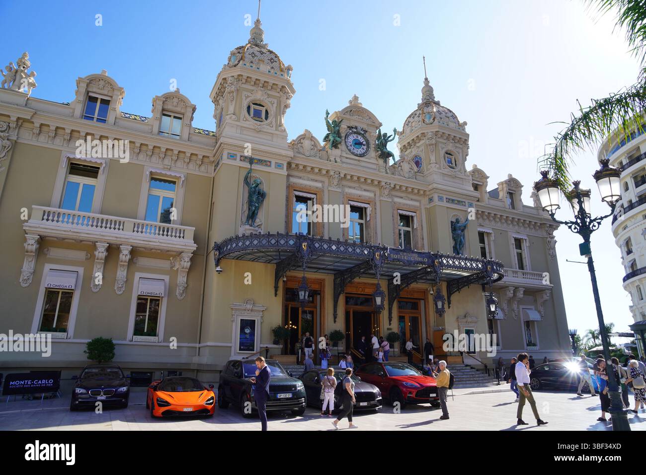 The Classic Entrance of the Casino de Monte-Carlo, Cars and People, Monaco Stock Photo