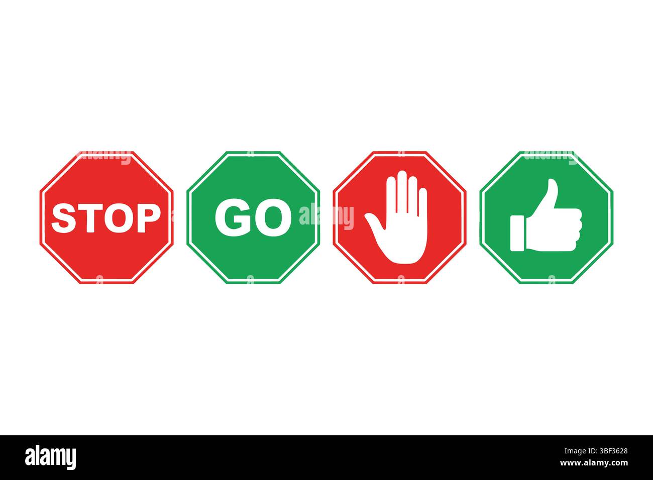 Directional signs set including stop, go, hand, and thumbs up for ...