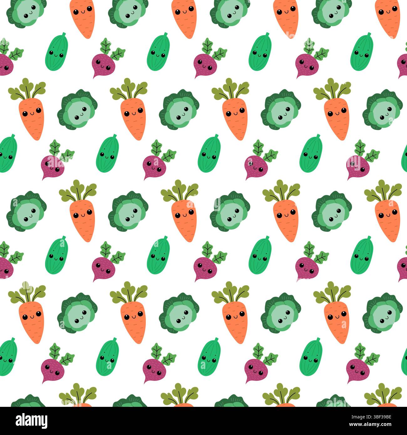 Cute vegetables seamless pattern. Vegetables with cute faces. Kawaii veggies. Stock Vector