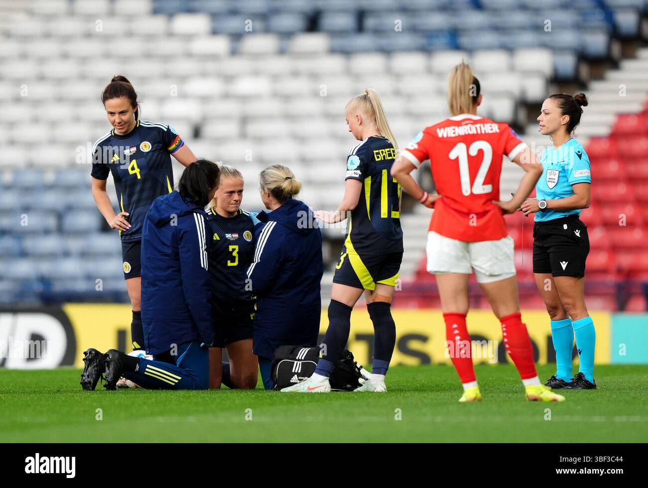 Scotland's Amy Muir receives treatment for an injury during the UEFA ...