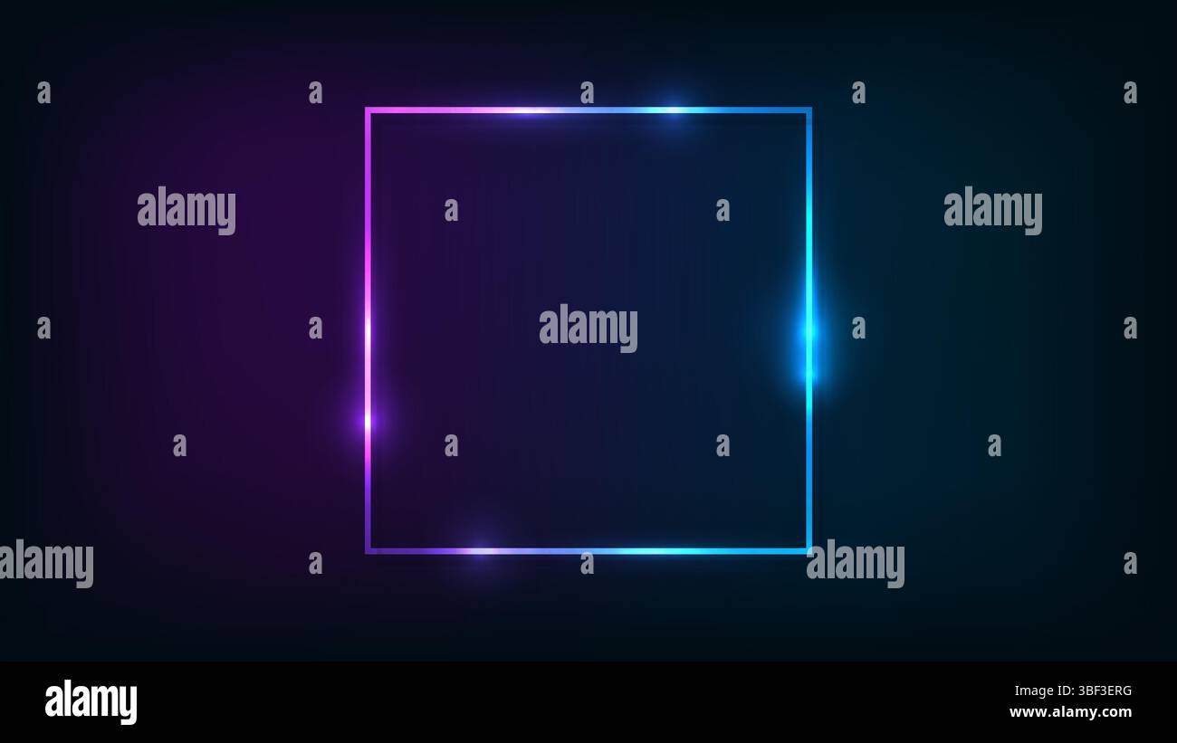 Neon square frame with shining effects on dark background. Empty glowing techno backdrop. Vector illustration. Stock Vector