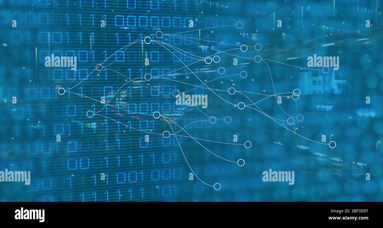 Image of connections and binary code on blue background Stock Photo