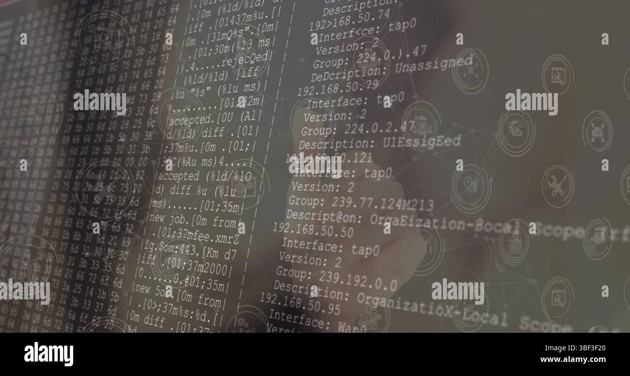Image of falling icons over data processing on dark background Stock Photo