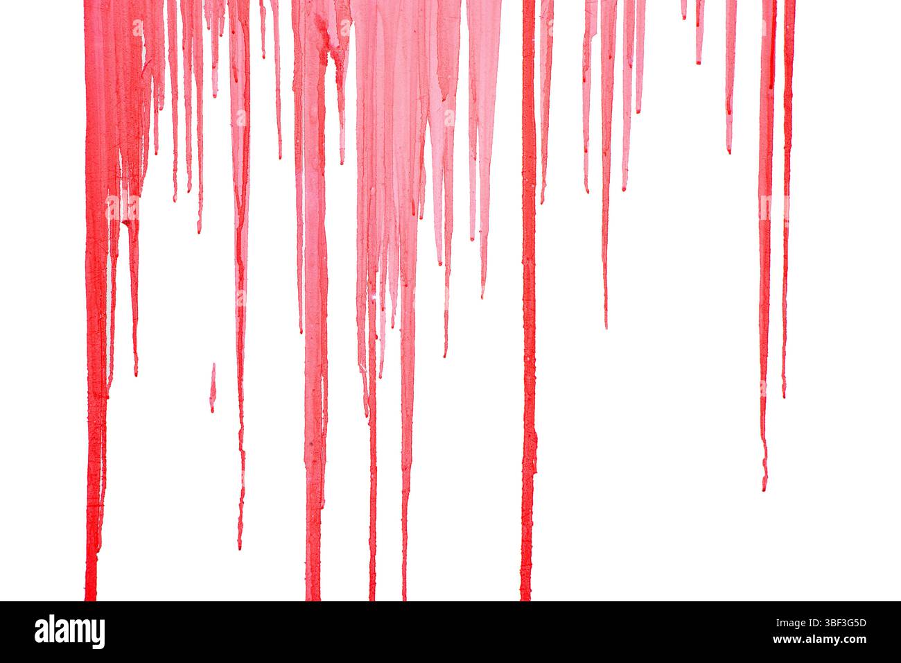 Red paint drips on white background, traces of dripping acrylic paint ...