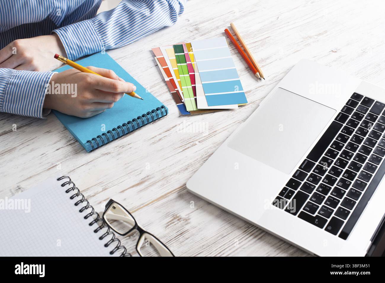 Top view creative designer working at vintage wooden desk. Office ...