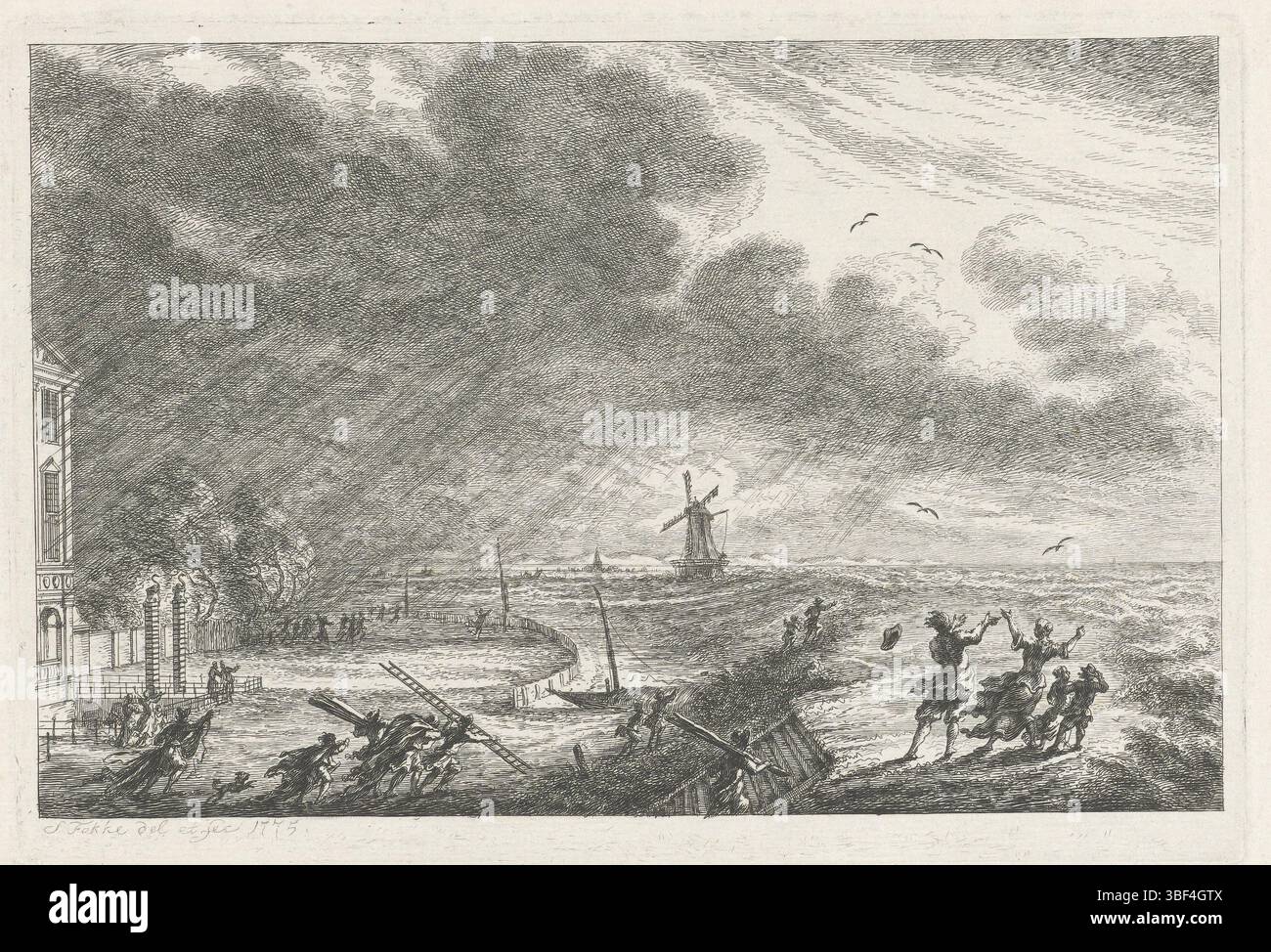 Fokke, Simon, Amsterdam, Fokke, View of the House of Zwanenburg in severe storm and flooding, 1775, verso - stamped, Heavy storm at the Gemeentemuseum van Rijnland called Zwanenburg in Halfweg, in the distance a mill., print, height 144 mm, width 210 mm, Noord-Nederlands, 1712-09-01 - 1784-04-10, printmaker, 1775 - 1775, paper, etching, etsen, intermediate draughtsman Stock Photo