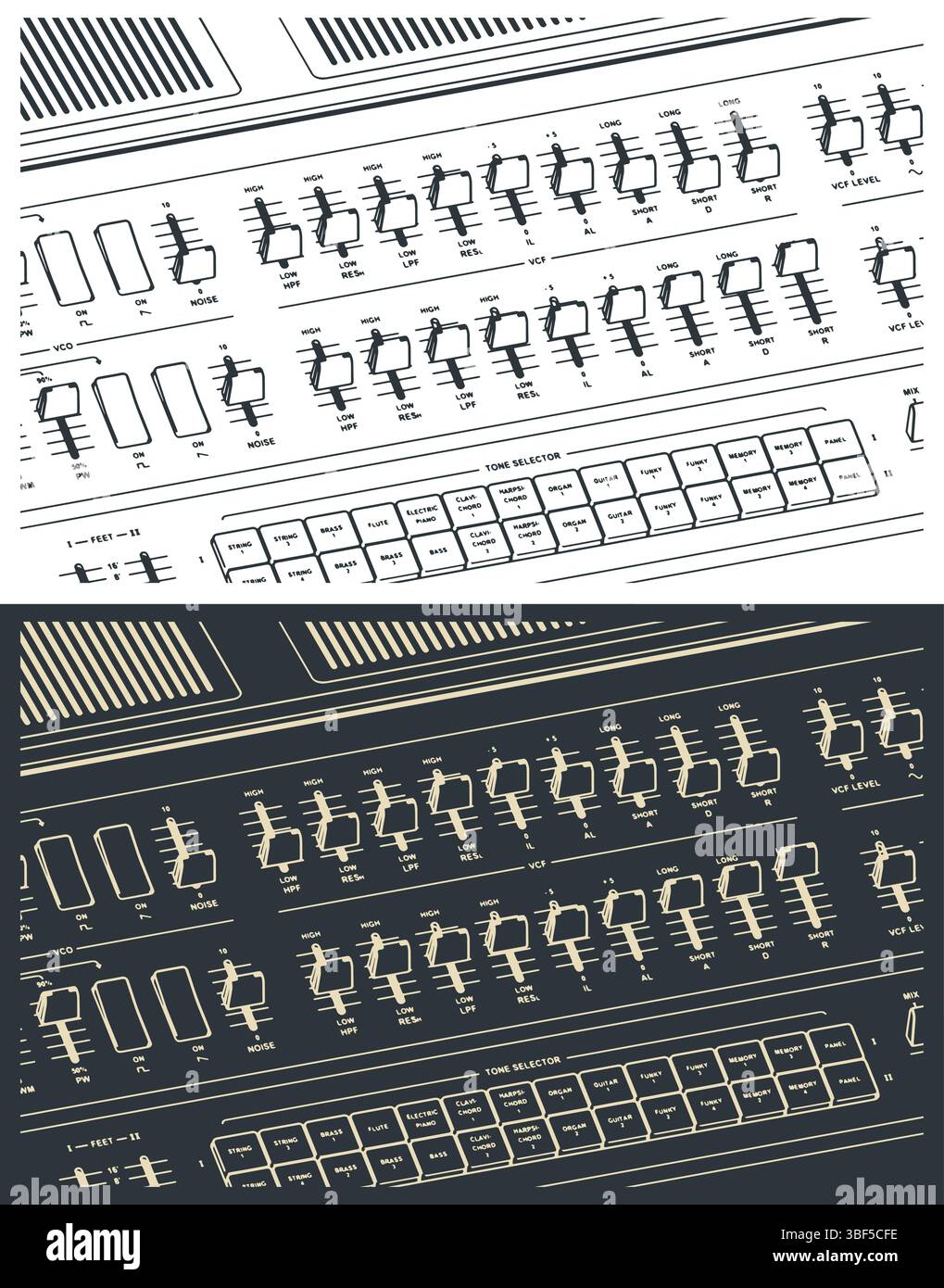 Analog synthesizer close-up stylized vector illustrations. Panel with buttons, knobs, sliders and other controls Stock Vector