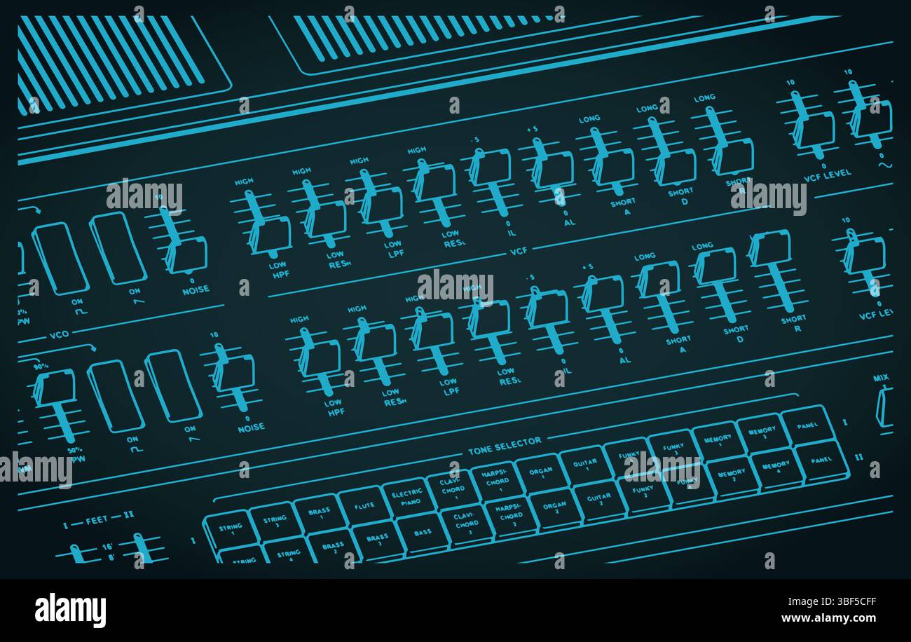 Analog synthesizer close-up stylized vector illustration. Panel with buttons, knobs, sliders and other controls Stock Vector