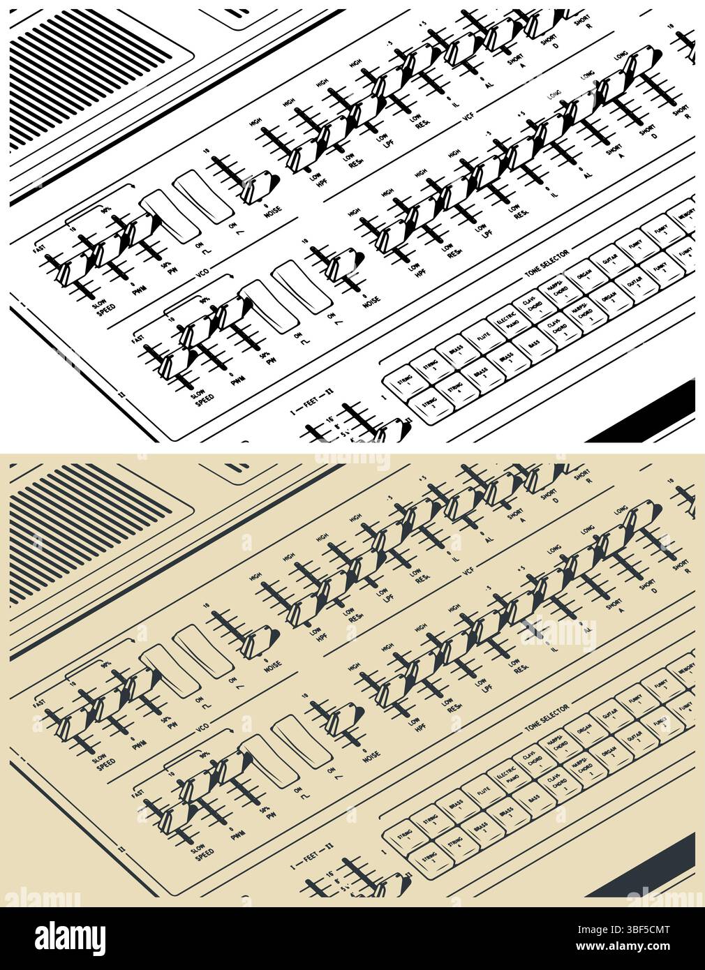Analog synthesizer close-up stylized vector illustrations. Panel with buttons, knobs, sliders and other controls Stock Vector