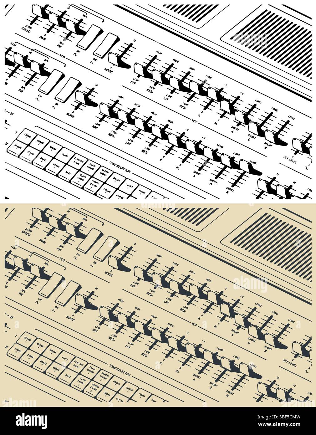 Analog synthesizer close-up stylized vector illustrations. Panel with buttons, knobs, sliders and other controls Stock Vector